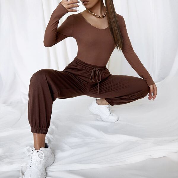 

Ribbed Scoop Neck Tee & Drawstring Waist Sweatpants, Brown
