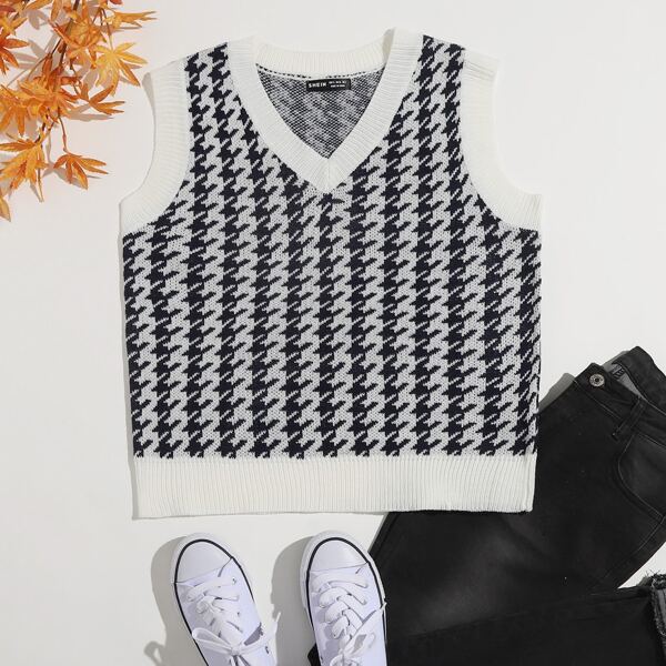 

Houndstooth Pattern Sweater Vest, Blue and white