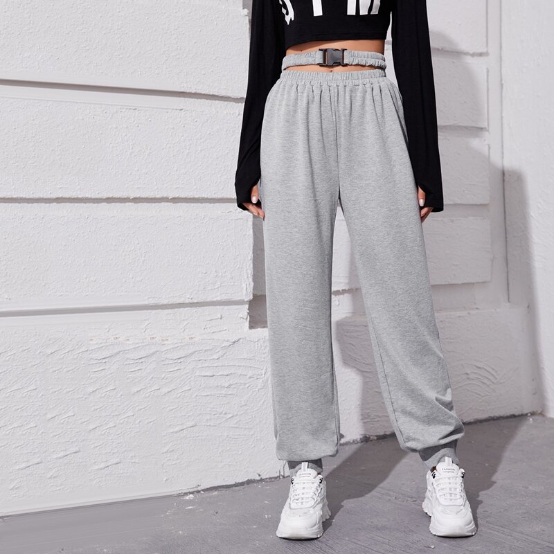 

Solid Buckle Detail Sweatpants, Grey