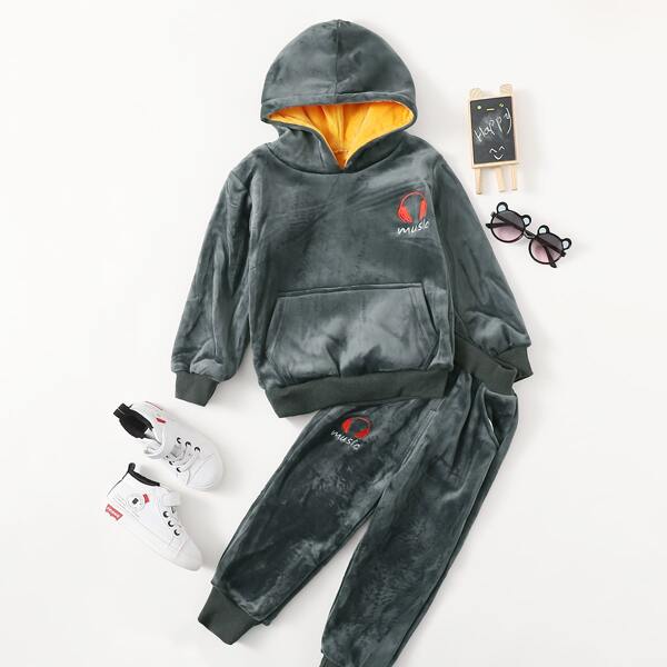 

Toddler Boys Flannel Letter & Earset Embroidery Hoodie & Sweatpants, Dark grey