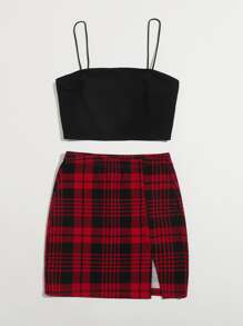 SHEIN Essnce Crop Cami Top and Split Hem Skirt Set - Multicolor - View 4