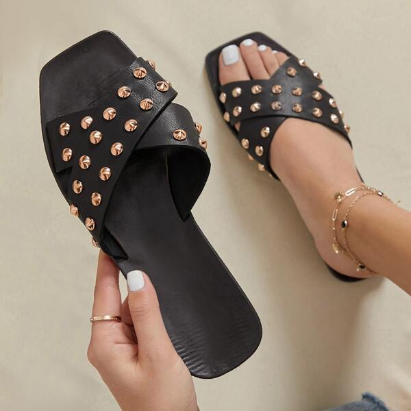 

Studded Faux Leather Crisscross Vamp Slides, Black