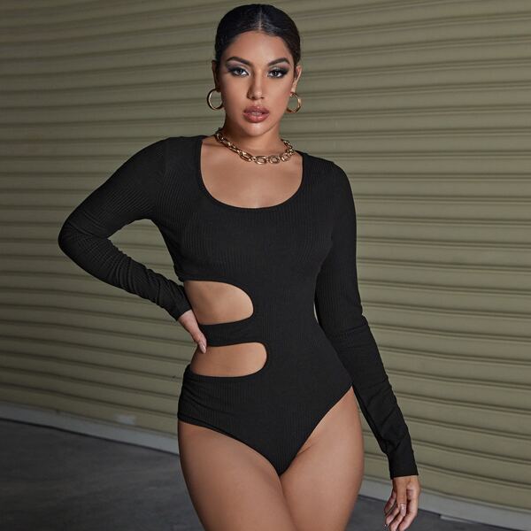 

Rib Knit Cut Out Bodysuit, Black