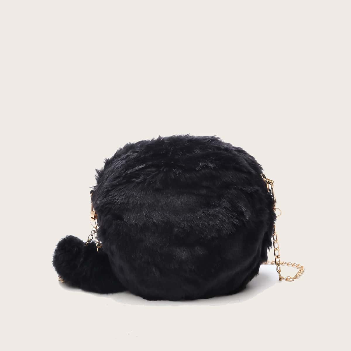 

Pom Pom Design Chain Bag, Black