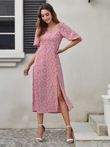 泡泡袖開衩下擺小碎花圖案連衣裙 - 紅白色 - 查看 4