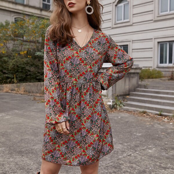 

Ditsy Floral V-neck Bishop Sleeve Dress, Multicolor