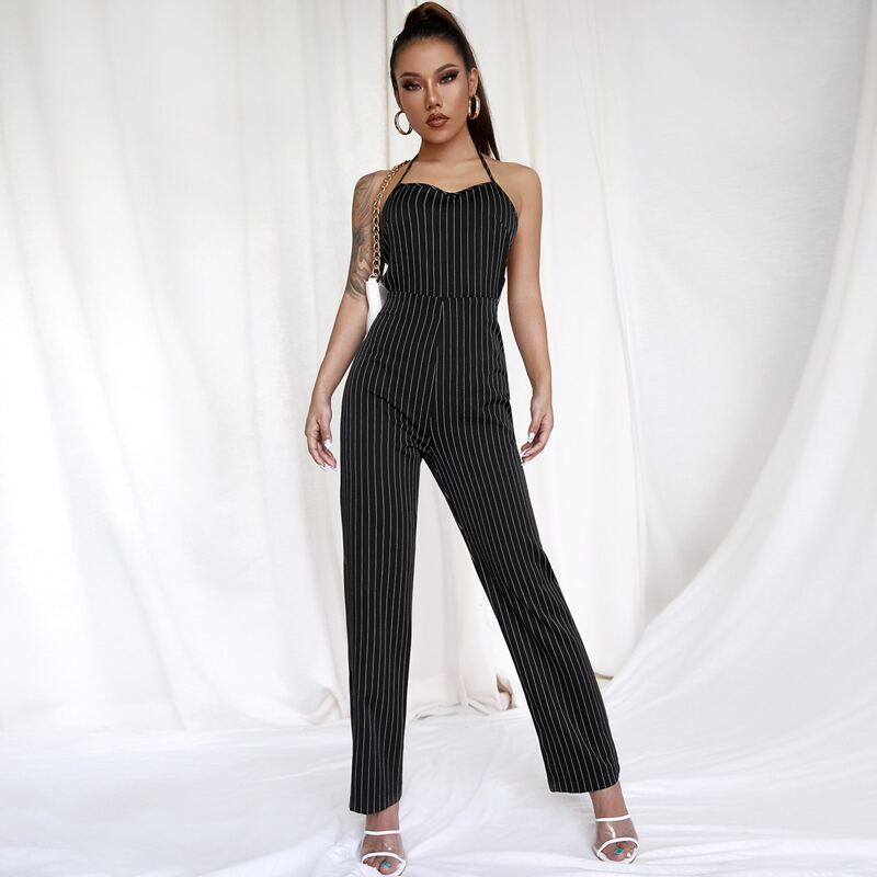 

Vertical Striped Backless Halter Jumpsuit, Black