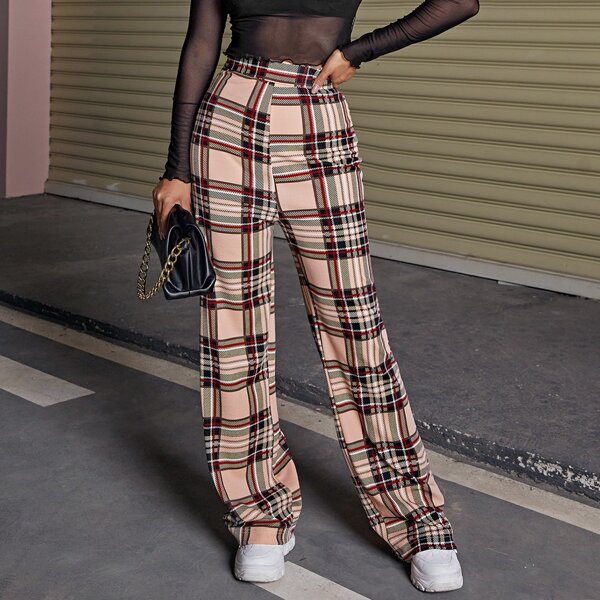

Plaid Zipper Side High Waist Pants, Multicolor