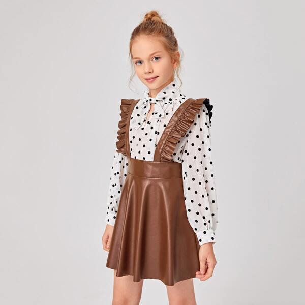 

Girls Ruffle Trim PU Leather Overall Dress, Brown