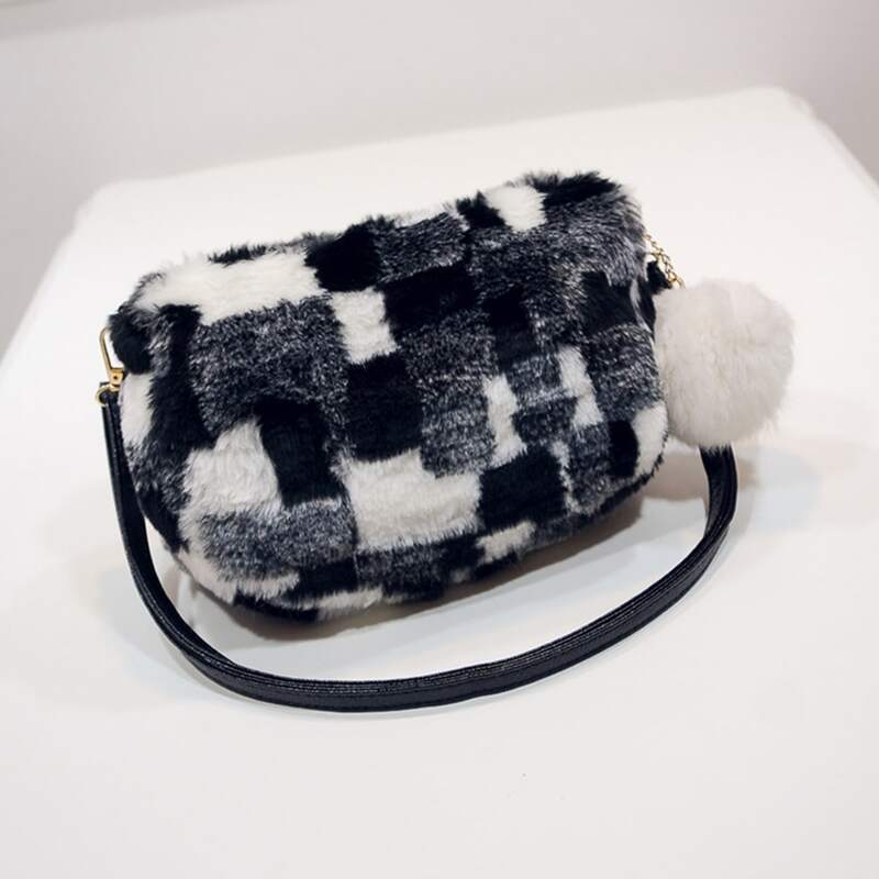 

Plaid Faux Fur Crossbody Bag, Black and white