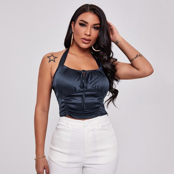 

Tie Front Ruched Satin Crop Top, Navy blue