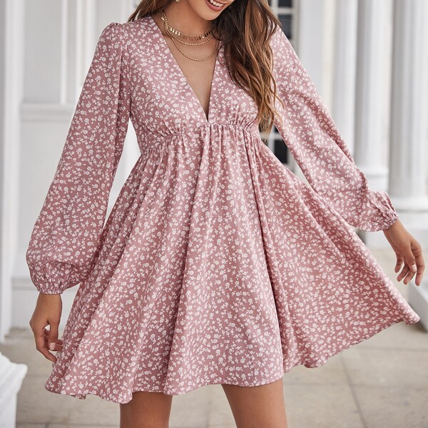 

Lantern Sleeve Ditsy Floral Print Dress, Dusty pink