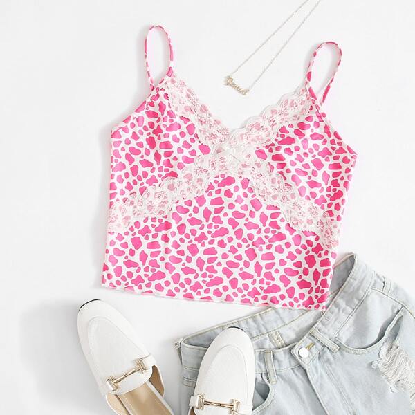 

Contrast Lace Allover Print Cami Top, Pink