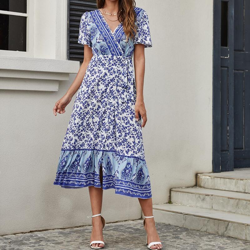 

Surplice Neck Knot Ruffle Hem Floral Dress, Blue and white