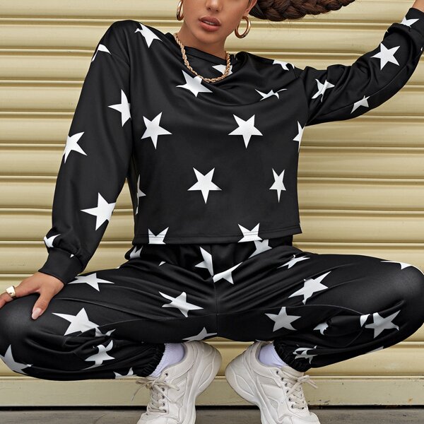 

Drop Shoulder Star Print Pullover & Sweatpants Set, Black