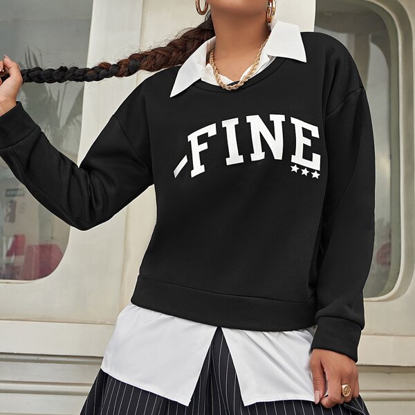 

Drop Shoulder Letter Graphic 2 In 1 Pullover, Black