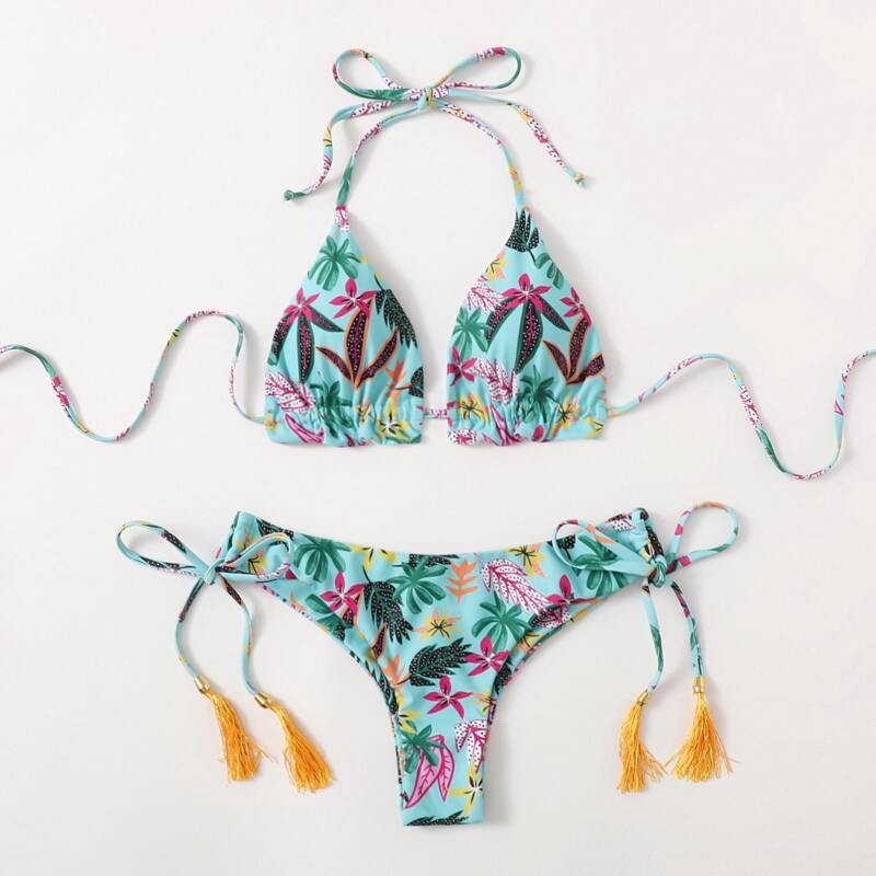 

Leaf Print Tassel Decor Bikini Swimsuit, Multicolor