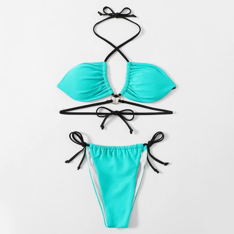 

Ring Decor Drawstring Bikini Swimsuit, Blue