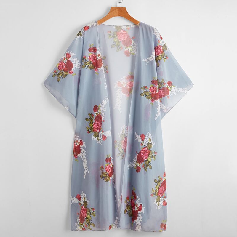 

Floral Open Front Kimono, Blue