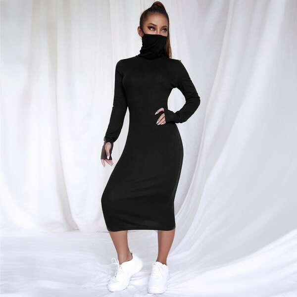 

Solid Mask Turtleneck Bodycon Dress, Black