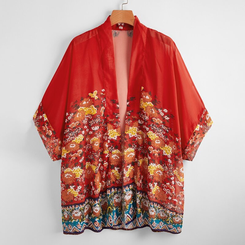 

Floral Open Front Kimono, Red