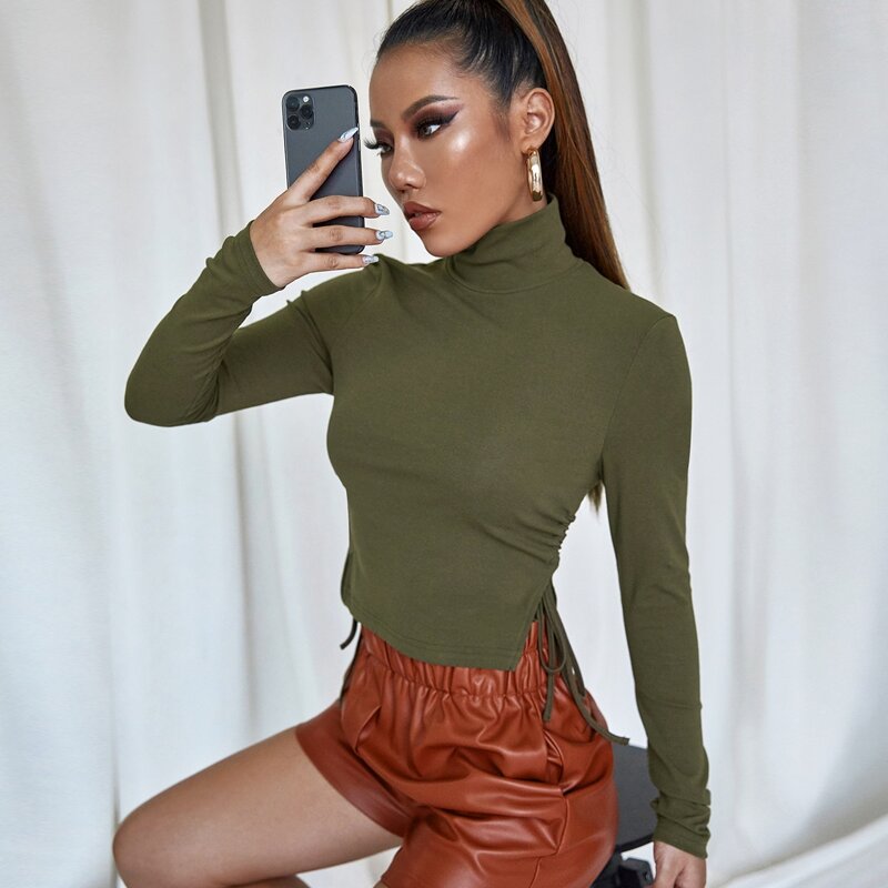 

Solid Drawstring Side High Neck Tee, Army green
