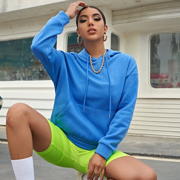 

Drop Shoulder Kangaroo Pocket Thermal Drawstring Hoodie, Blue