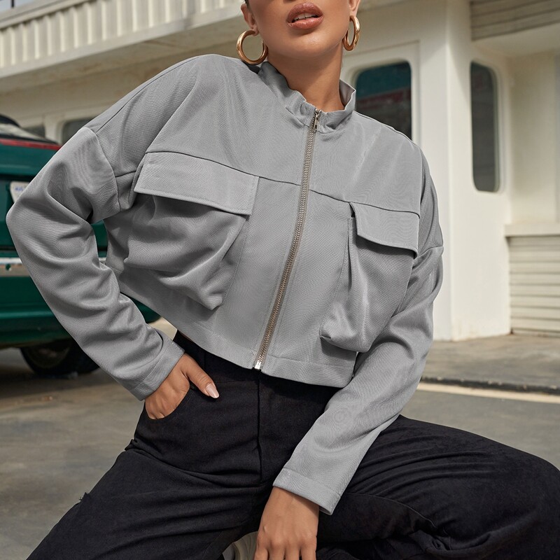 

Drop Shoulder Flap Pocket Zipper Jacket, Grey