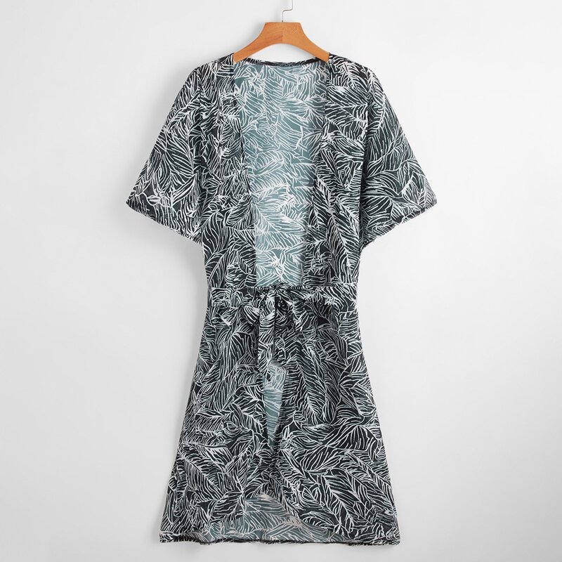 

Tropical Leaf Longline Belted Kimono, Multicolor