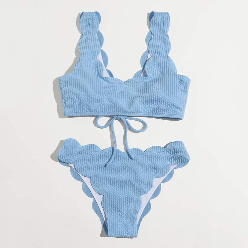 

Scallop Trim Lace-up Bikini Swimsuit, Baby blue