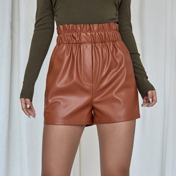 

Paper Bag Waist PU Shorts, Rust brown