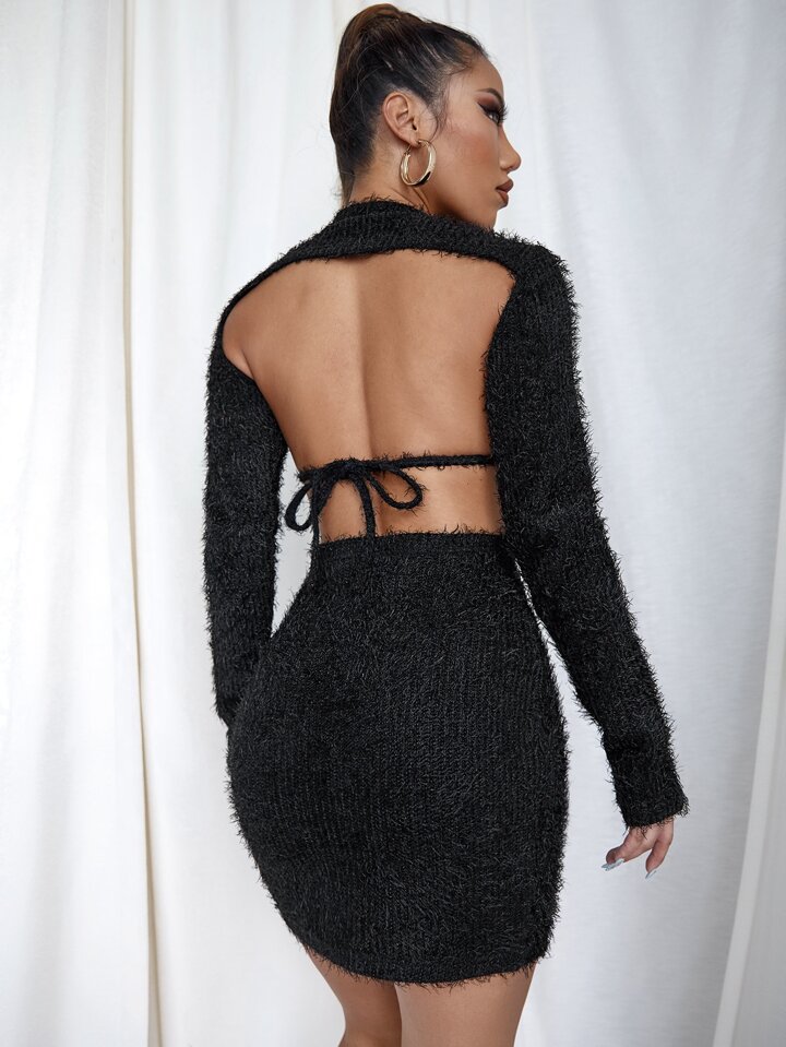 Our Tie Backless Fluffy Knit Bodycon Dress is such a vibe - ROMWE