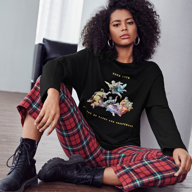 

Plus Angel & Slogan Graphic Tee, Black