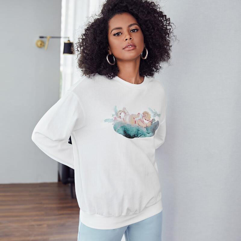 

Drop Shoulder Angel Print Pullover, White