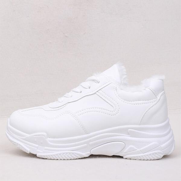 

Minimalist Lace-up Front Plush Inside Chunky Sneakers, White