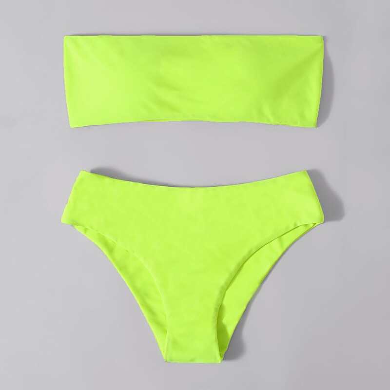 

Solid Bandeau Bikini Swimsuit, Green neon