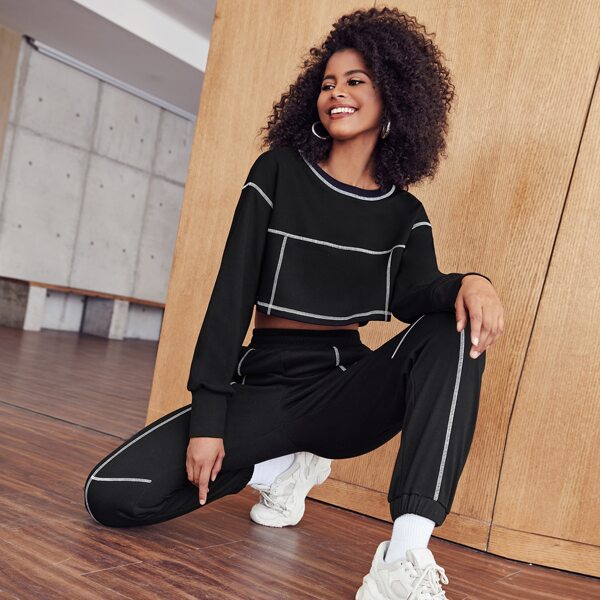 

Contrast Stitch Crop Pullover & Joggers Set, Black