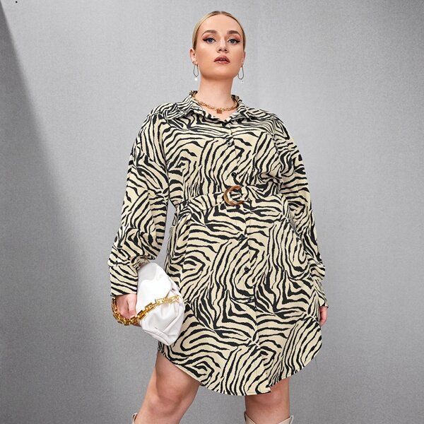

Plus Zebra Stripe Belted Shirt Dress, Multicolor