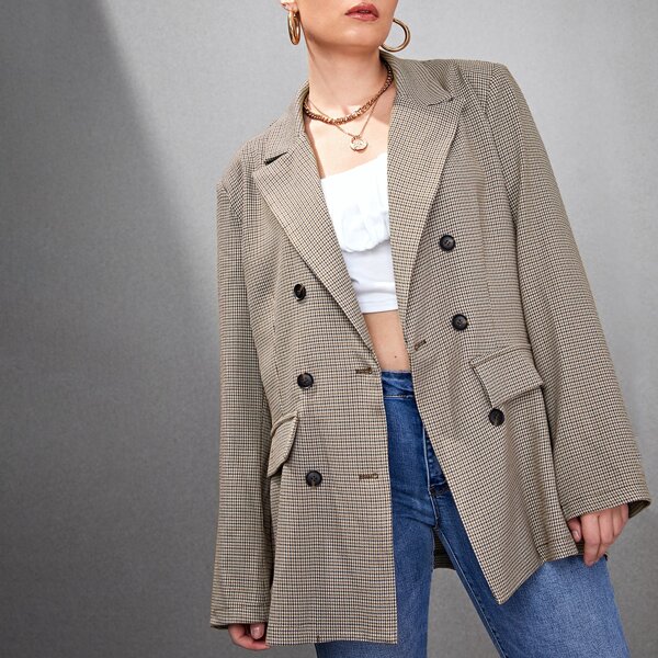 

Plus Houndstooth Print Double Breasted Blazer, Multicolor