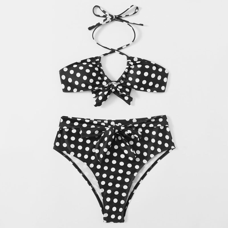 

Polka Dot Knot Front Bikini Swimsuit, Black and white