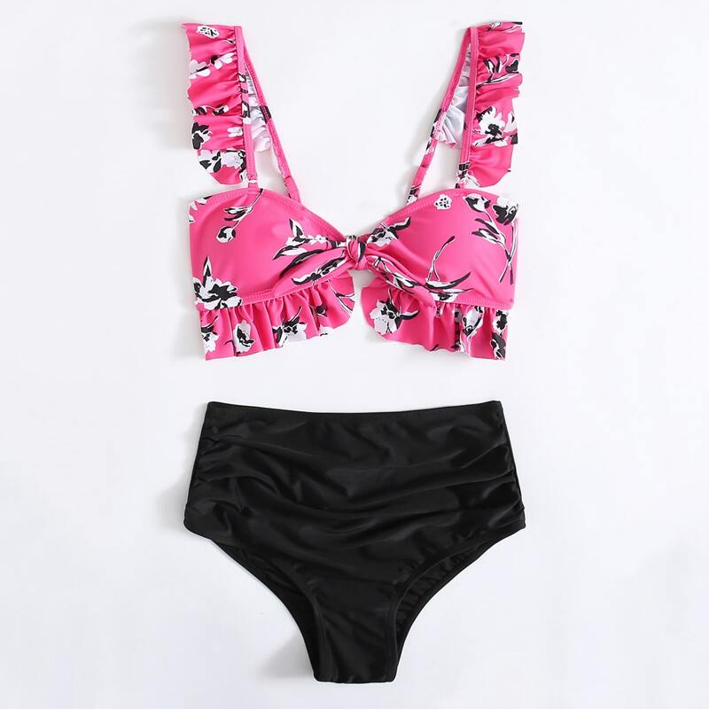 

Floral Ruffle High Waist Bikini Swimsuit, Multicolor