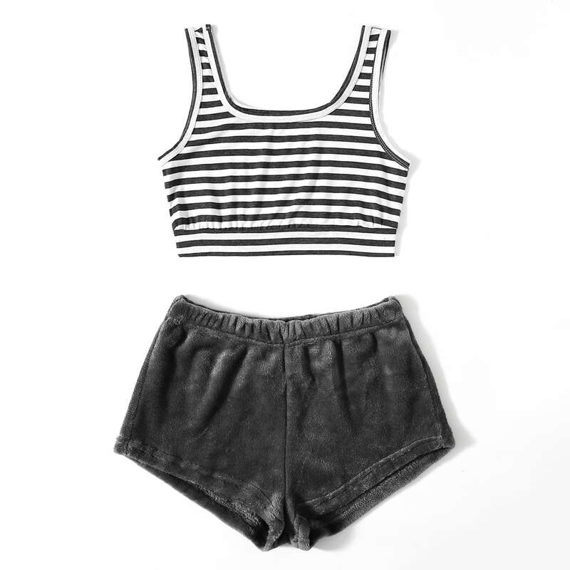

Stripe Tank Top & Teddy Shorts PJ Set, Multicolor