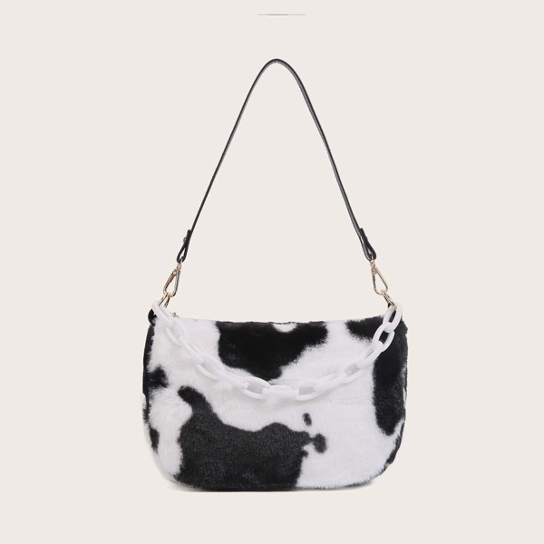 

Cow Pattern Fluffy Chain Shoulder Bag, Black and white