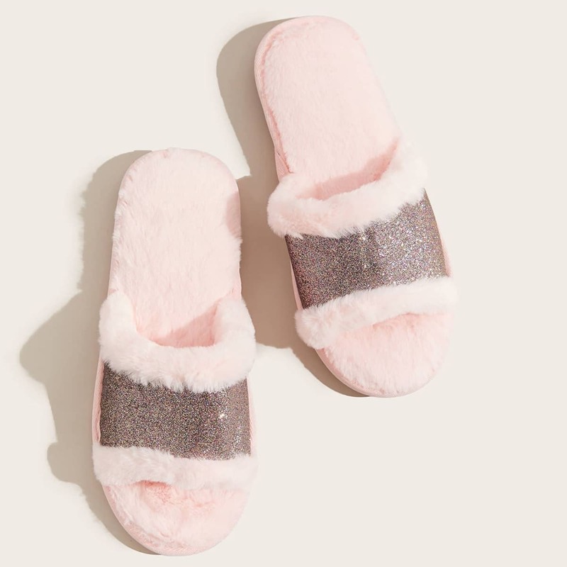 

Glitter Fluffy Slippers, Baby pink