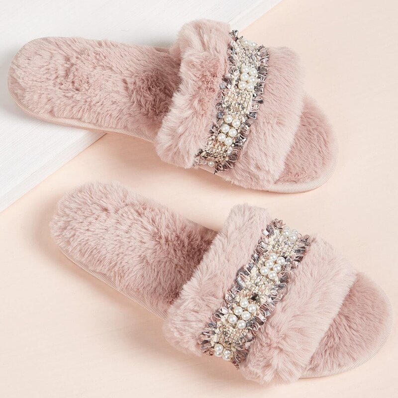 

Faux Pearl Decor Fluffy Slippers, Baby pink