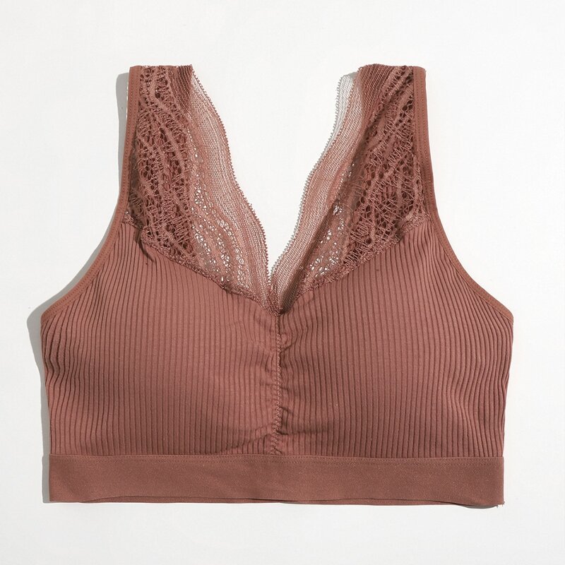 

Lace Panel Ribbed Bralette, Redwood