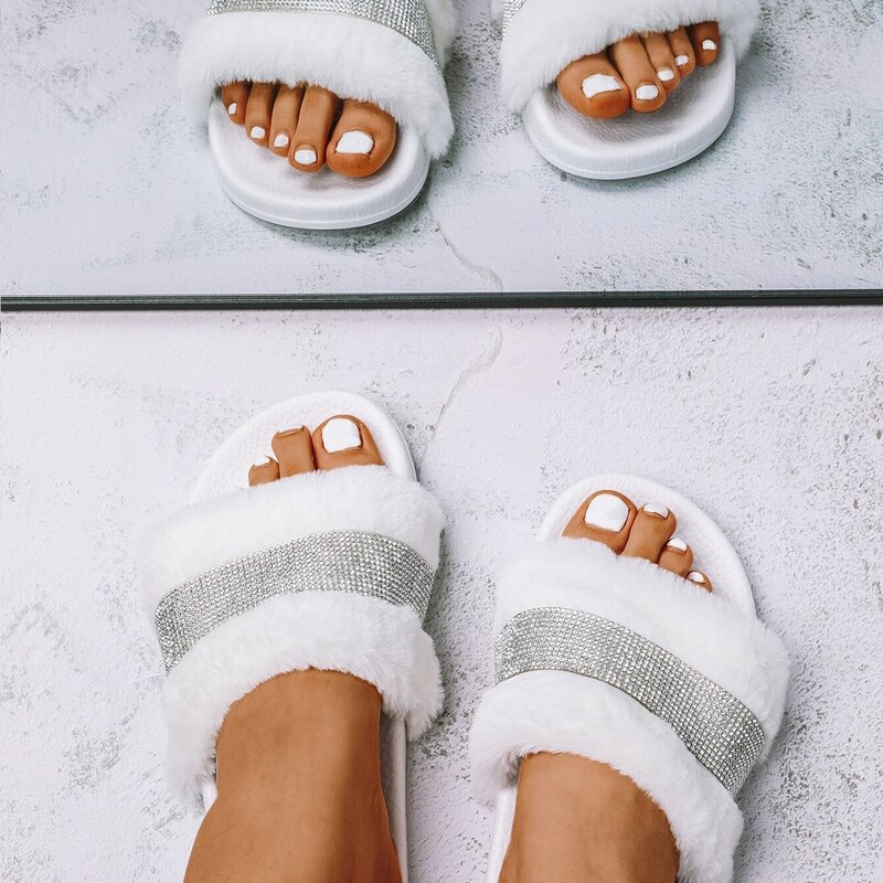 

Rhinestone Decor Fluffy Slippers, White
