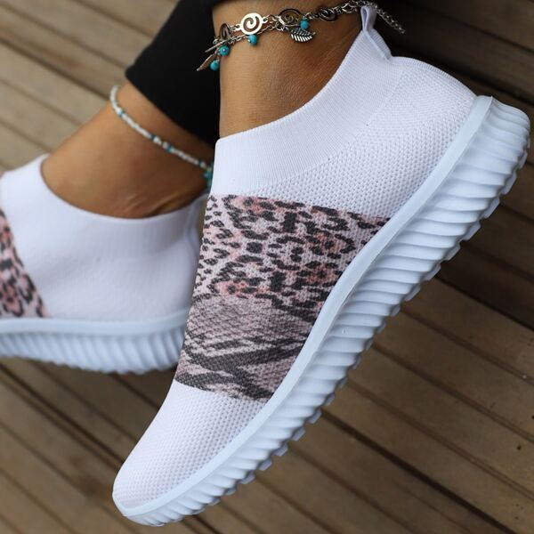 

Snakeskin & Leopard Pattern Knit Sneakers, White