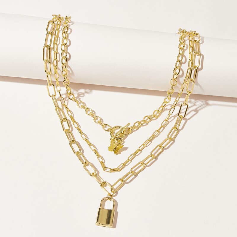 

Lock & Butterfly Decor Layered Necklace, Gold