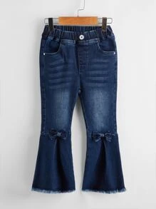 Toddler Girls Quần Jeans Hem thô màu trơn - Rửa tối - Xem 1